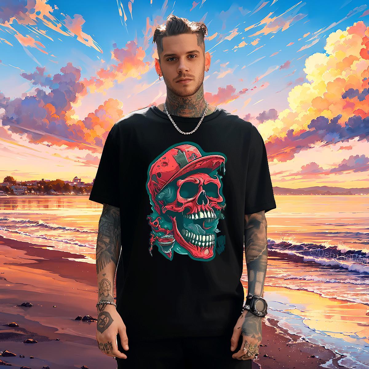 TOP Quality T Shirt For Man 230g Pure Cotton skull Beach DIY Printed Breathable Men Clothes T-Shirt 2024 Clothings