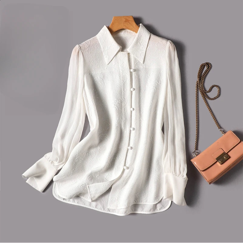 Satin Womens Shirts Solid Casual Blouses Polo-neck Silk Ladies Clothing Loose Long Sleeves Spring/Summer Tops 240823