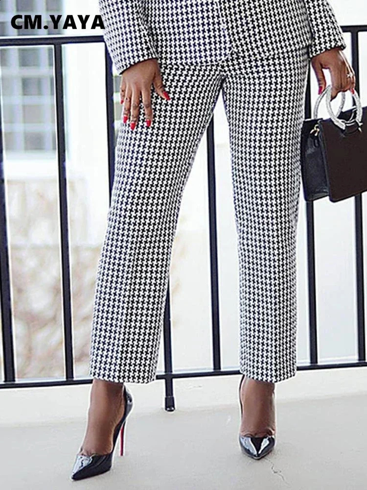 CM.YAYA Elegant Houndstooth Blazer Suit and Pants Two 2Piece Set for Women Autumn Winter Classic OL Street Outfit Tracksuit 240809