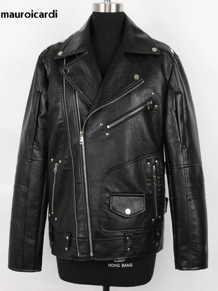 Mauroicardi Spring Autumn Black Pu Leather Biker Jacket for Men Style Long Sleeve Zipper Plus Size Fashion Men Clothing 5xl 240822