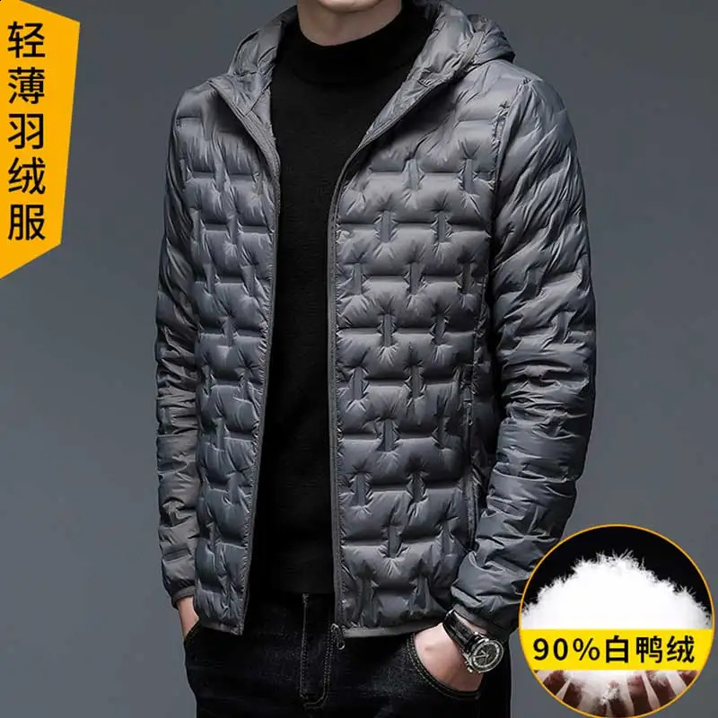 Winter mens thick plush hooded jacket windproof lightweight down casual 90% duck 240822