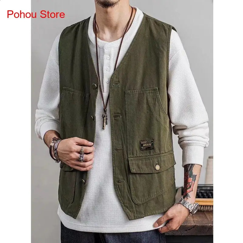 Summer Retro Loose and Thin Japanese Multi Pocket Workwear Sleeveless Vest Men 240822