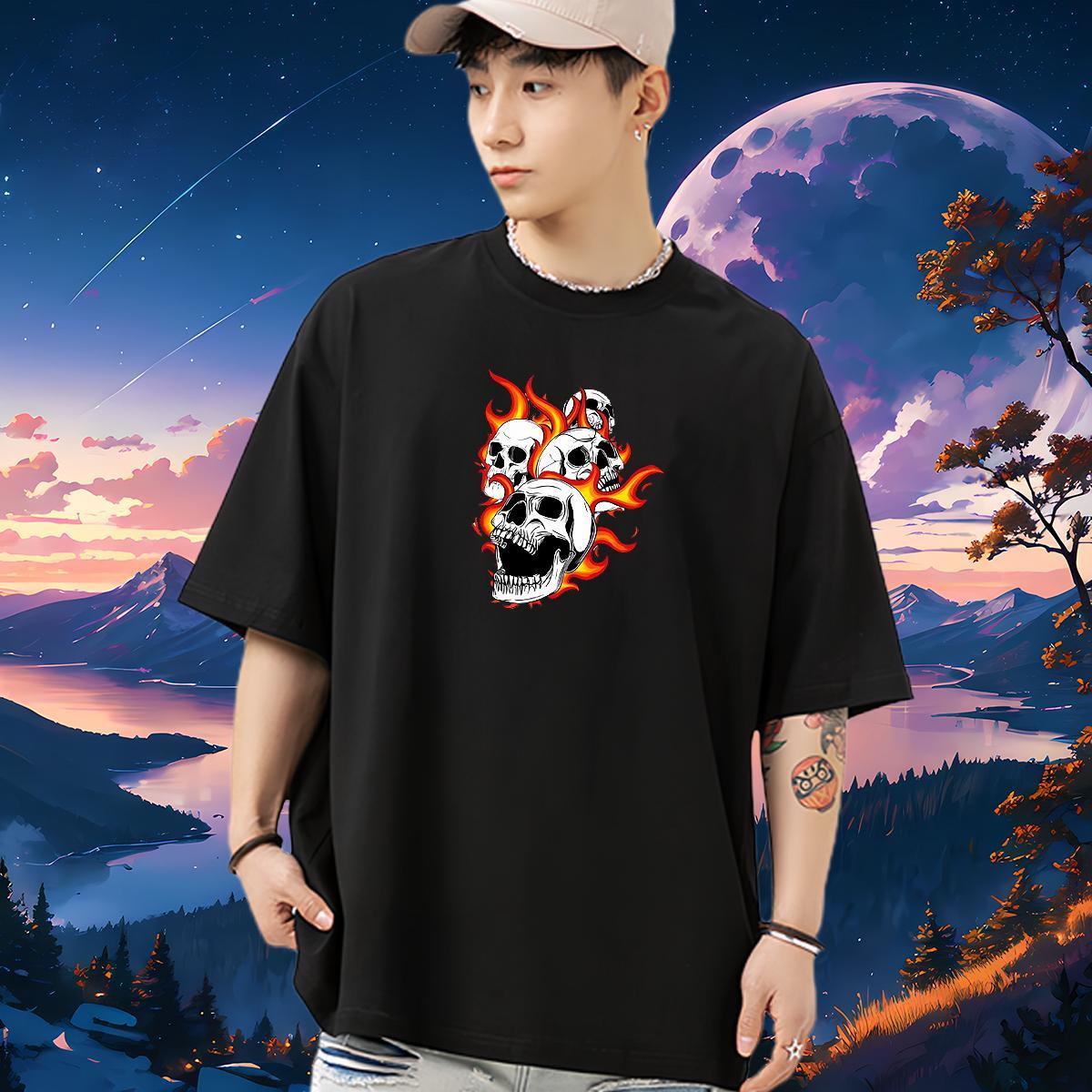 Cool Mens T Shirts 230g 100% Cotton skull Spring Summer Cartoon Print O Neck Short Sleeves Men Tshirts Fashion New Tops