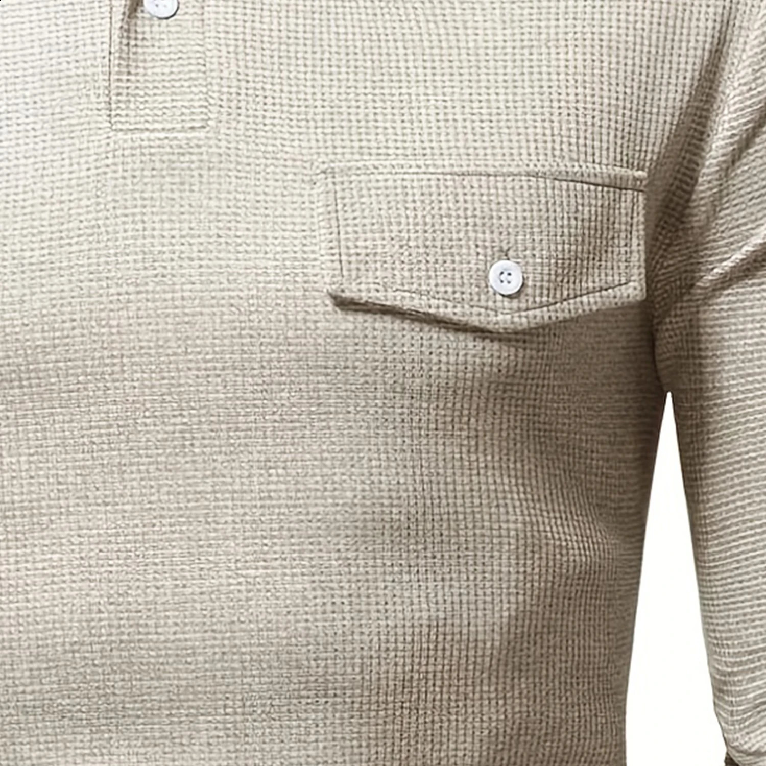 Mens Solid Color Texture Polo Shirt Casual Long Sleeve Regular Waffle Knitted Top with Virtual Pocket 240823