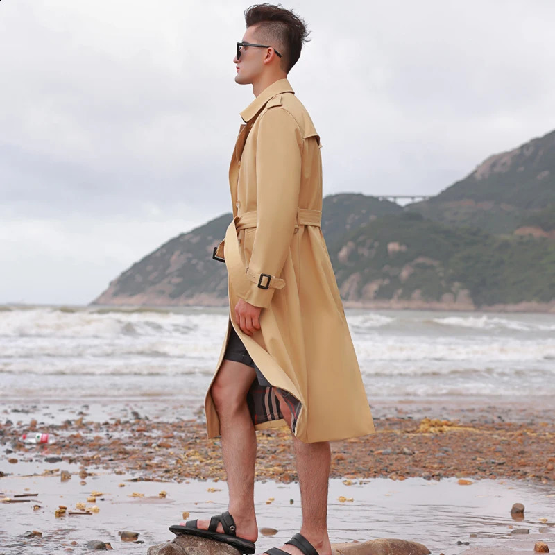 mens long trench coat knee length double breasted autumn and winter rainproof thickened down vest British classic windbreak 240822