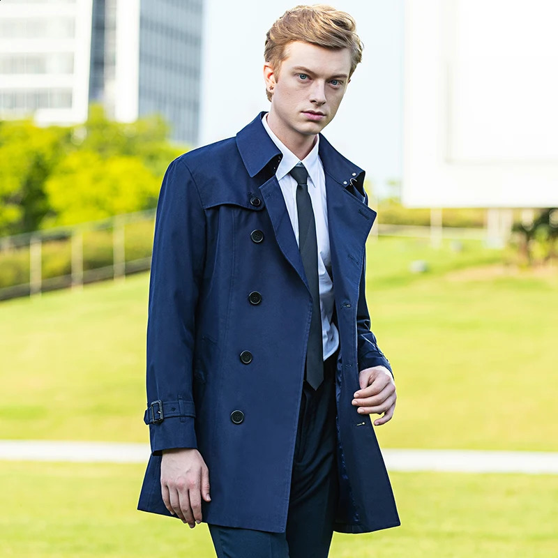 Mid to long trench coat mens spring and autumn product double breasted khaki cotton polyester custom windbreaker jacket men 240822