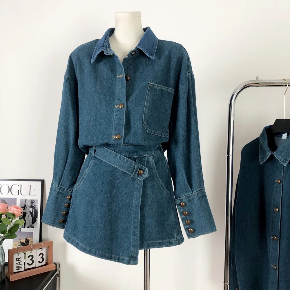 Womens Retro Personality Cow Suit Autumn Long Sleeves Buttons Denim Shirt Jacket Irregular Short Skirt Two-piece Set 240823