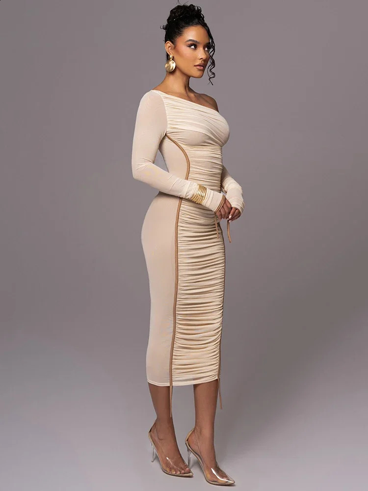 Diagonal Collar Long Sleeve Midi Dress For Women Two Layer Mesh Backless Ruched Bodycon Club Party Sexy Long Dress 240823
