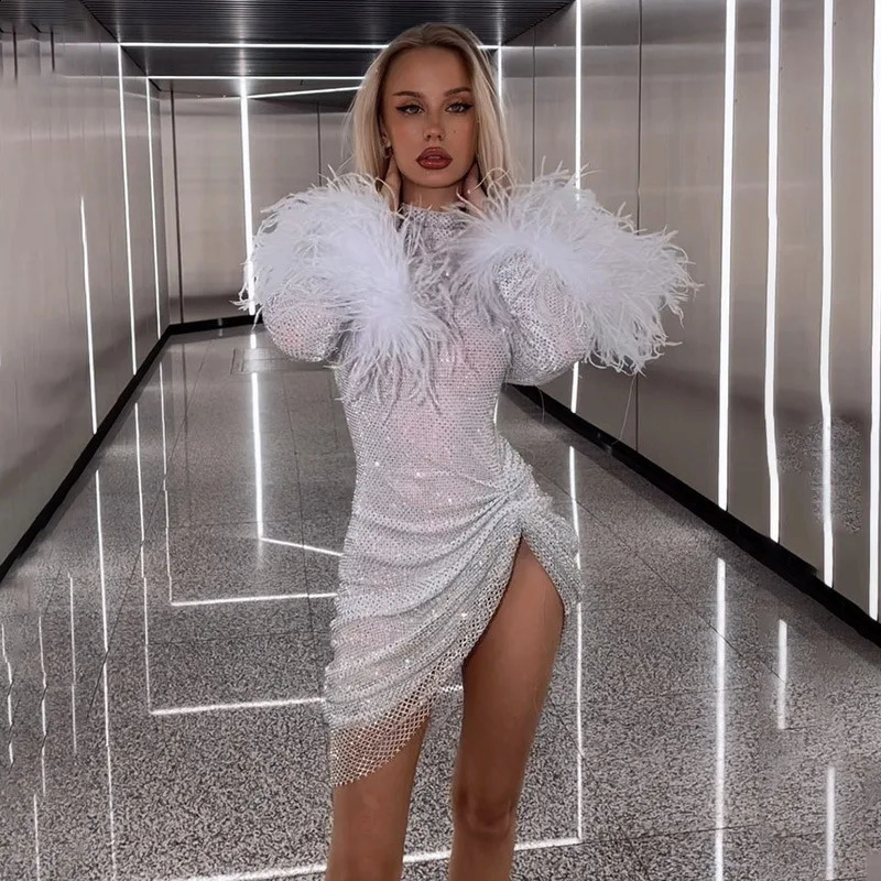 Elegant Glitter Sparkly Ruched Mini Dress Women Fashion Fur Cuff Long Sleeve Sexy Split Sequins Party Club Dresses Vestido 240823