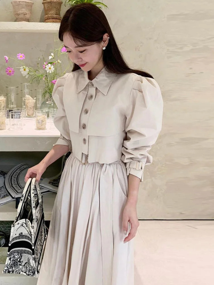 Women Simple Lapel Bubble Sleeve Shirthigh Waist Pleated Skirt Two-piece Suit Spring Summer Fashion Set M981 240823