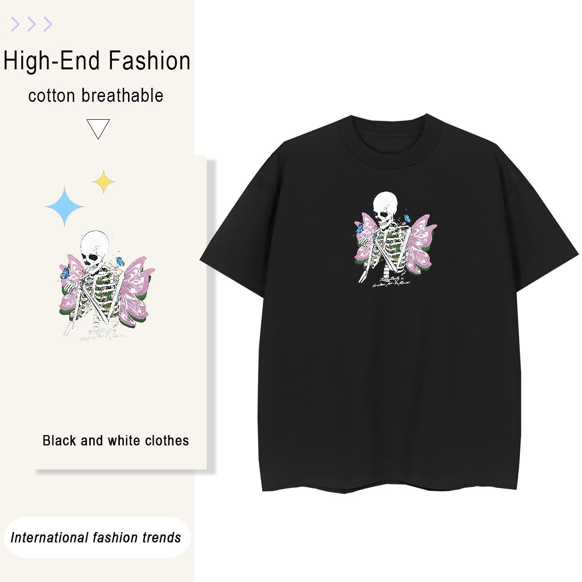 Cool T-Shirts for Men 230g Pure Cotton skull Sport Plus Size Cartoon Breathable Crew Neck Tshirts 2024 Tee Shirt