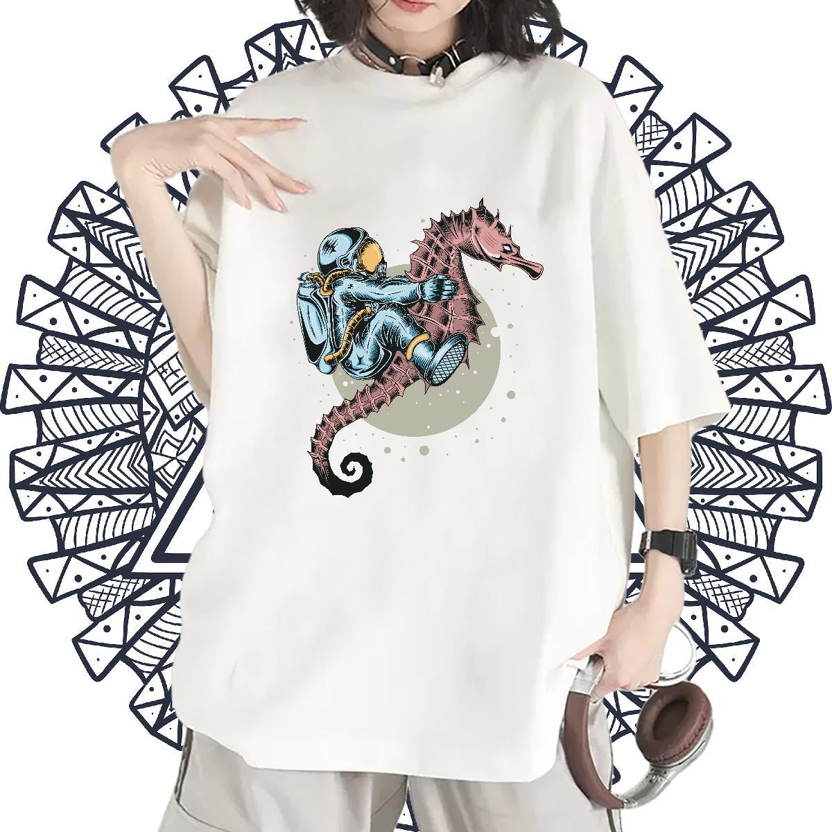 Comfortable Womens Tshirts 230g Pure Cotton cosmonaut Beach T shirt Crew Neck Breathable Cartoon Anime Tee Shirt