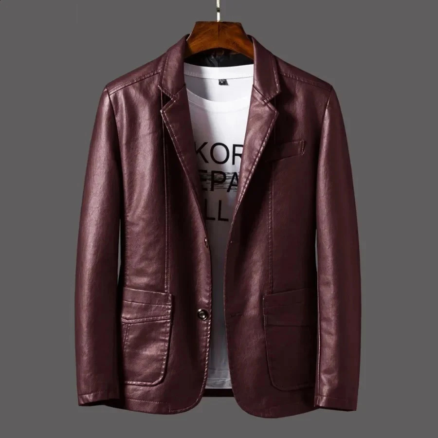 Mens Leather Jackets Lapel Business Leather Jackets Men Pu Blazers Korean Style Slim Fashion Leather Coat Plus Size M-6XL 240822