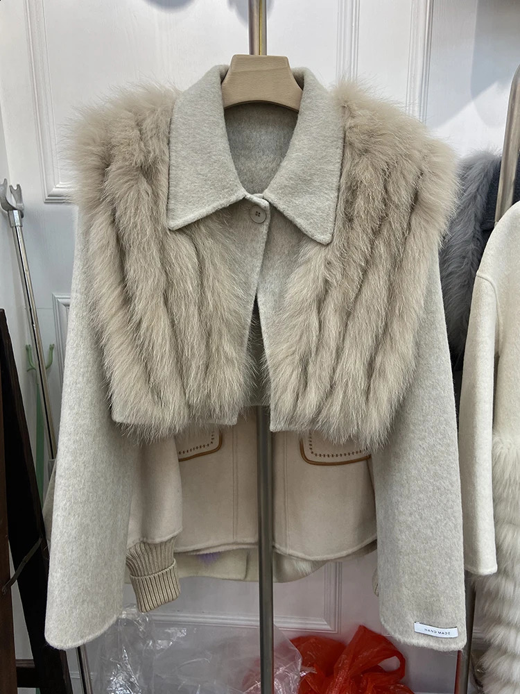 Women Autumn Handmade Double Side Short Woolen Jacket Real Fox Fur Warm Female Spring White Fashion Woolen Coat 240822