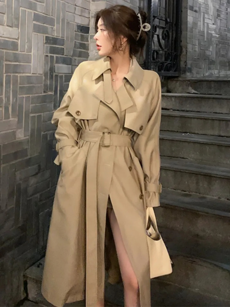 Autumn Winter Khaki Long Trench Coat for Women Jacket Elegant Outerwear Turn-down Collar Tie Belt Korean Chic Windbreaker 240822