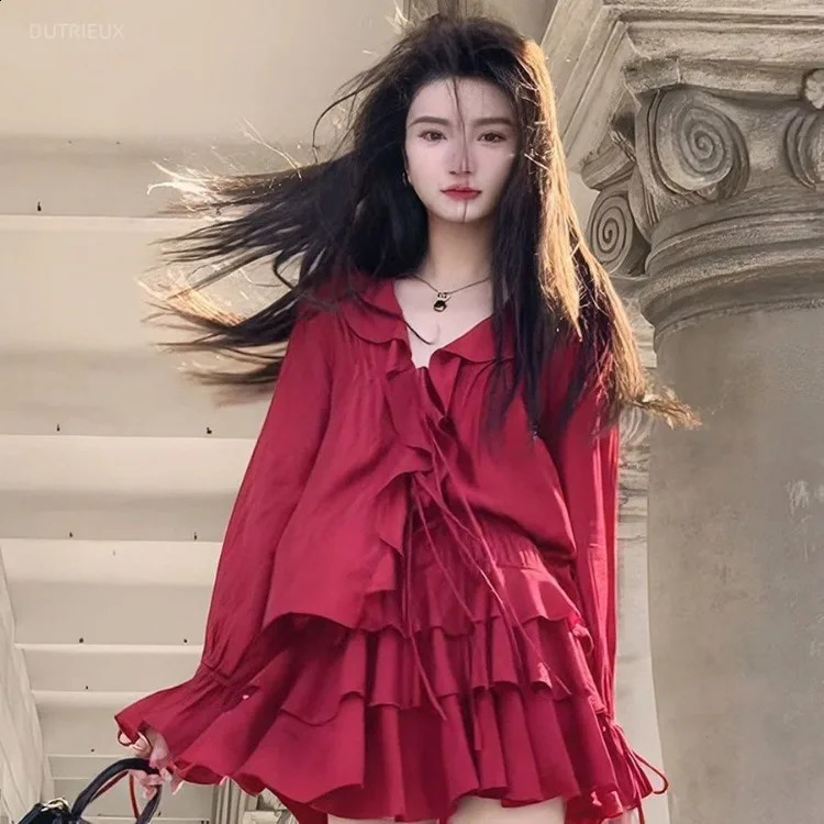 Elegant V-neck Ruffles Long Sleeve Tops Women Y2k E- High Waist Ruched A-line Skirts Spring Red Two Piece Sets 240823