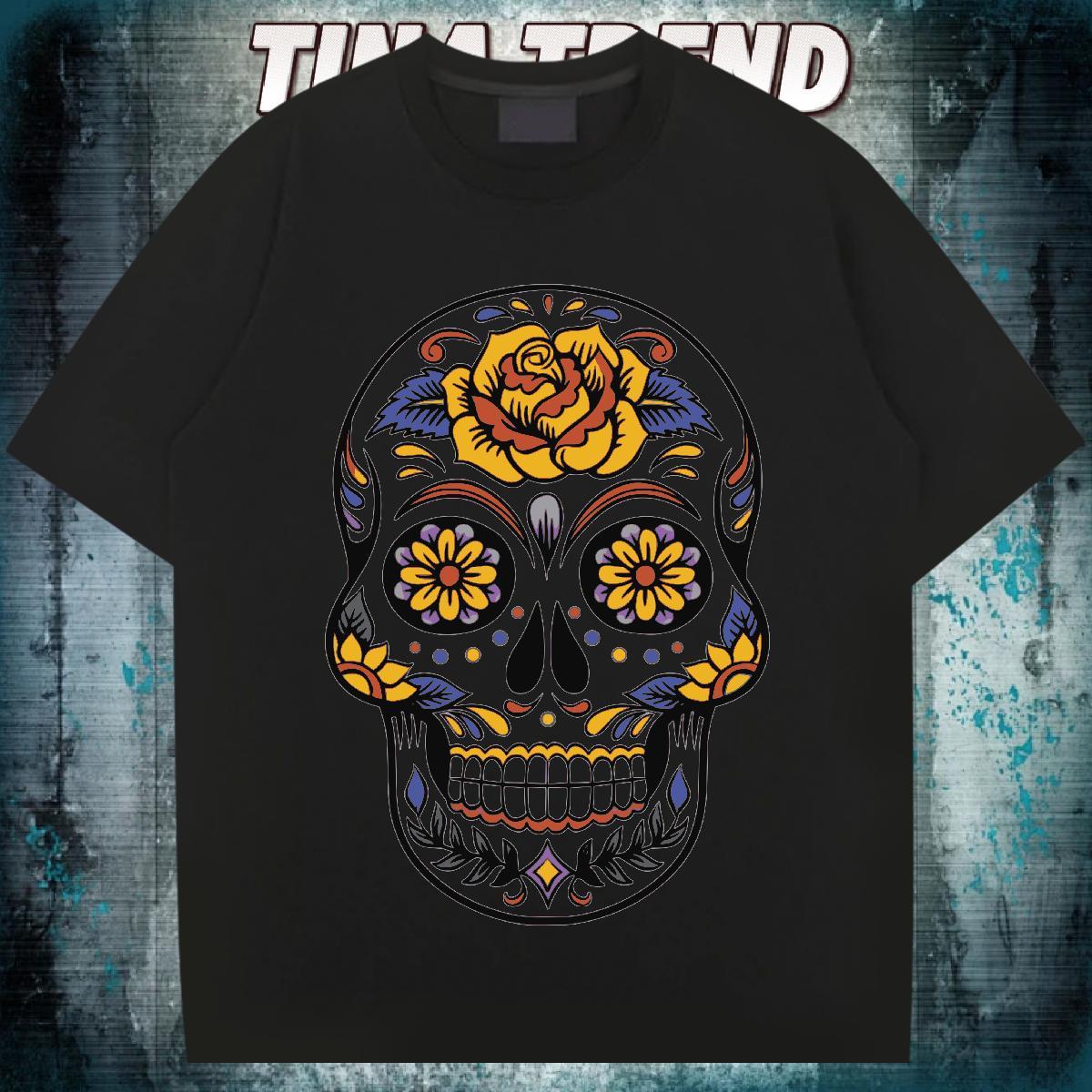 High Quality Men T Shirts 230g Pure Cotton skull Hip Hop White Plus Size Breathable Crew Neck Tshirt for Man Woman New Polos
