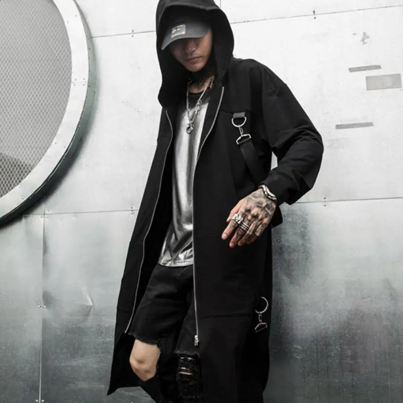 Spring autumn men ribbons patchwork punk hip hop long trench coat hooded cloak men black zipper techwear long jacket overcoat 240822