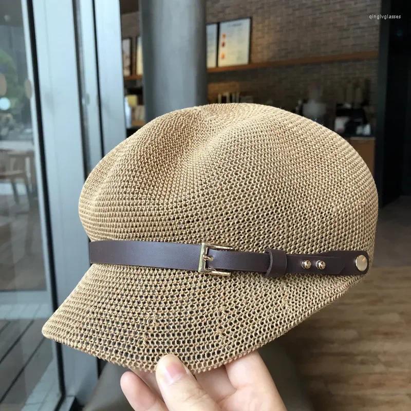 Wide Brim Hats 2024 Octagonal Cap Straw Women Summer Thin Sboy Painter Adjustable Rope Knitted Beret Mesh Breathable Beach Hat