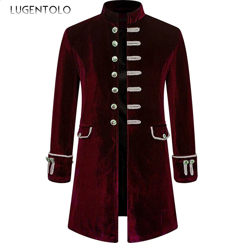 Men Steampunk Coat Fashion Party Medieval Vintage Velvet Uniform Stand Collar Mens Gothic Jacket Single-breasted Solid Trench 240822