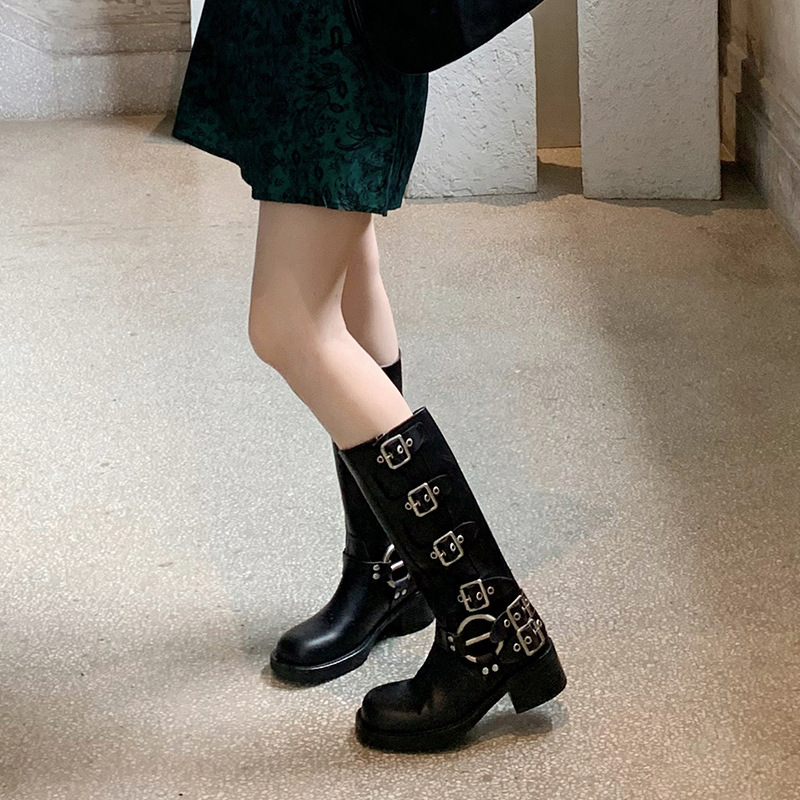 Ddmysports Cowhide Version Round Headed Genuine Leather Thick Heel Western Cowboy Boots High Cut Knight For Women Slim And Not Over The Knee Long OUTD