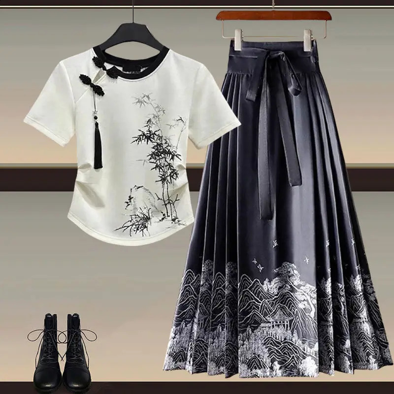 Fashionable Womens Set Improved Button Top Paired with Hanfu Horse Face Skirt Elegant Womens Two Piece Set 240823