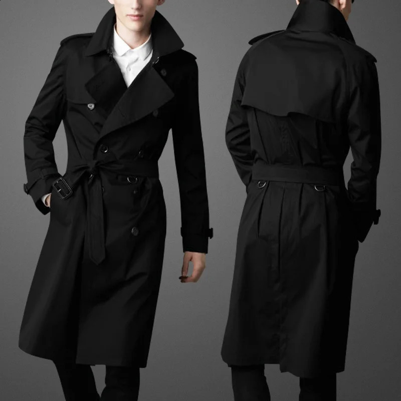Double Breasted Classic Extended Mens Windbreaker Coat Belt British Style Windcheater Brown Business Casual X-long Jacket Men 240822