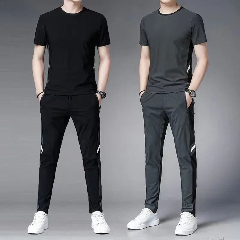Pants Sets Gym Clothes for Men Jogging Tracksuit No Male T Shirt Smooth Top Black Sports Suits Fashion Kpop in Matching 240822