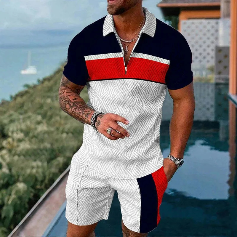 European and American Mens 3DPOLO Shirt Set with Collar Short Sleeve Floral Casual Fashion Two Piece 240822