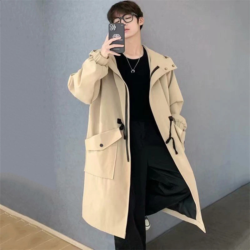 Mens Fashion Trench Coat Black Windbreaker Man Hooded Coats Loose Long Coats Wild Spring Autumn Hoodies Tops 240822