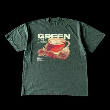 Y2K Harajuku Gothic Vintage Classic Green Tea Pattern Printing Casual Round Neck Green Extra Large T-shirt 240822