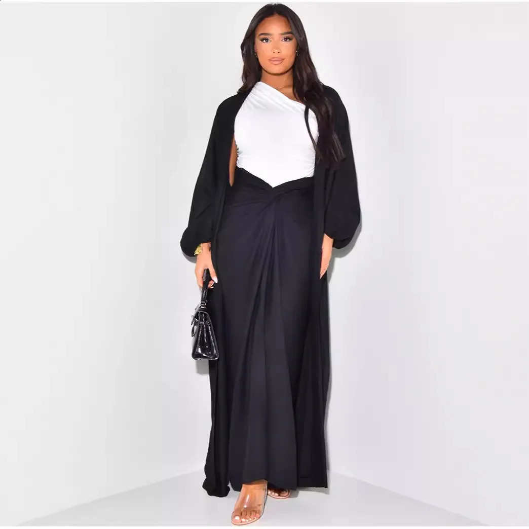 Autumn womens skiing set fashionable Muslim elegant solid color long cardigan half skirt twopiece 240823