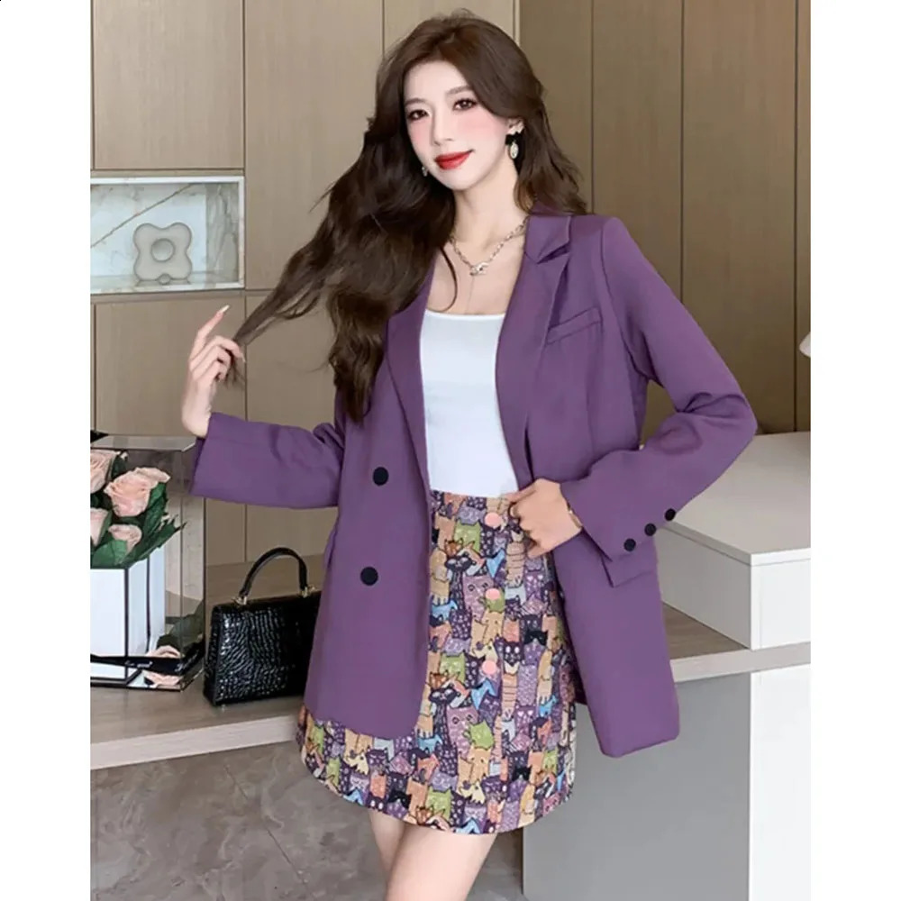 ashion Women Skirs Sets Spring Summer High-end Purple Blazer Jacket Print Skirt Two-piece Suit Ladies Elegant Blazers Coat 2PCS 240823