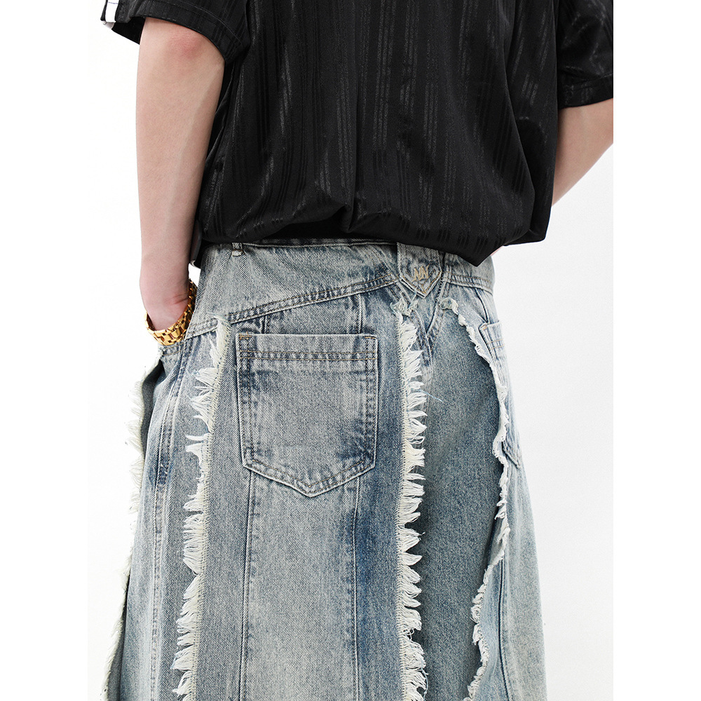 American Style Wasteland Style Su Patchwork Design Jeans for Men in Spring and Autumn Loose Wide Leg Long Pants