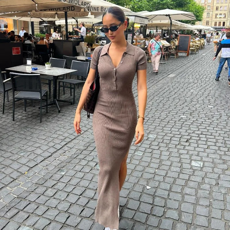 NSANGU Women Sexy Solid Fashion Turn-down Collar Short Sleeve Side Slit Body-Shaping Streetwear Elegant Long Cotton Dress 240823
