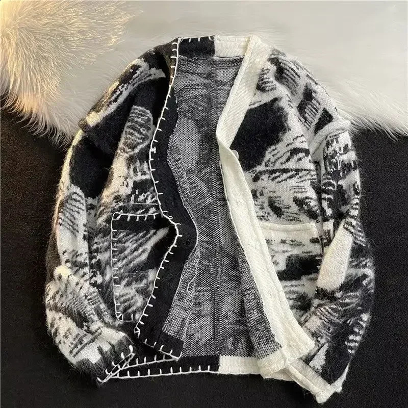 Man Clothes Black Y2k Vintage Tie Dye Knitted Sweaters for Men Cardigan V Neck Aesthetic with Pockets Maletry A Winter Fun 240823 - view 5