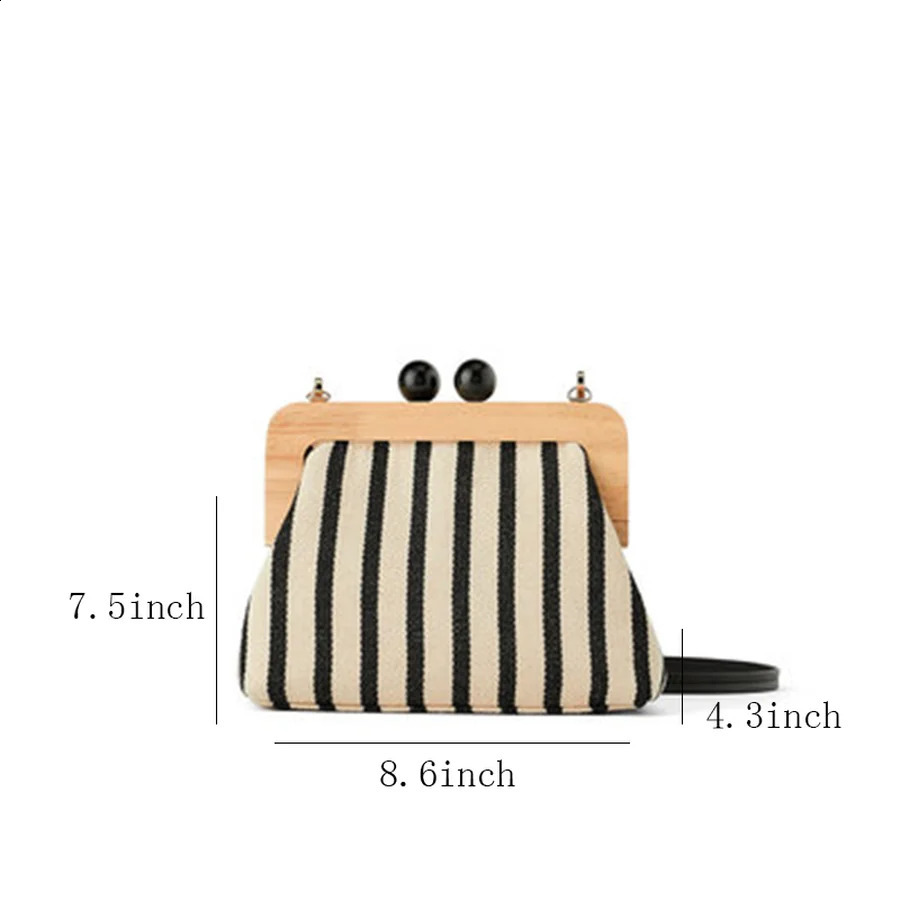 Retro Striped Wooden Clip Shell Bags for Women Messenger Bag Canvas Bead Shoulder Crossbody Bags Ladies Clutch Purse Bolsa Mujer 240822