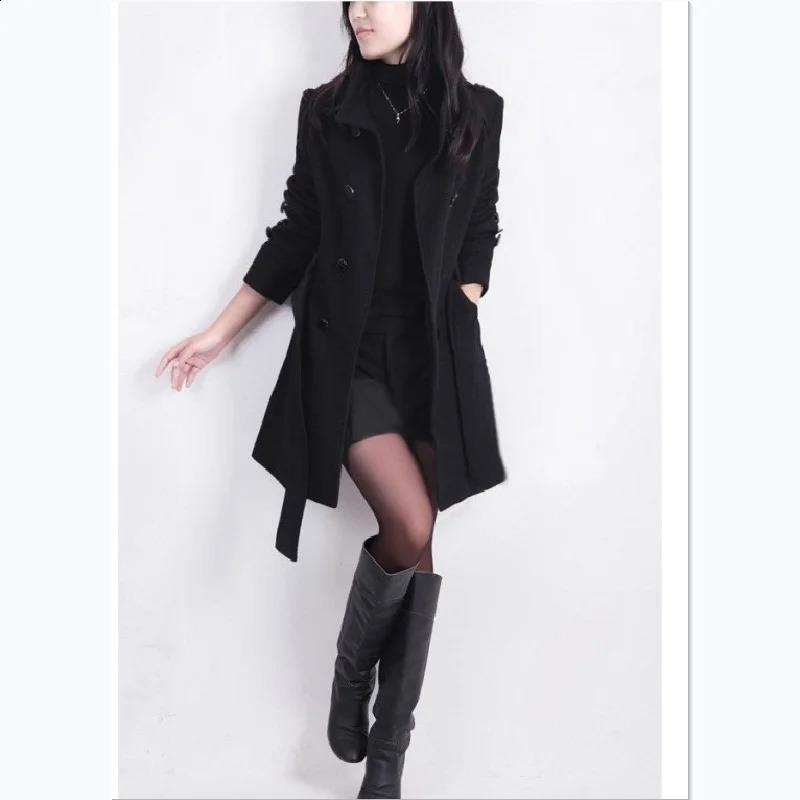 winter woolen coat with belt women ladies autumn Slim long sleeve woolen coats chic overcoat 240822