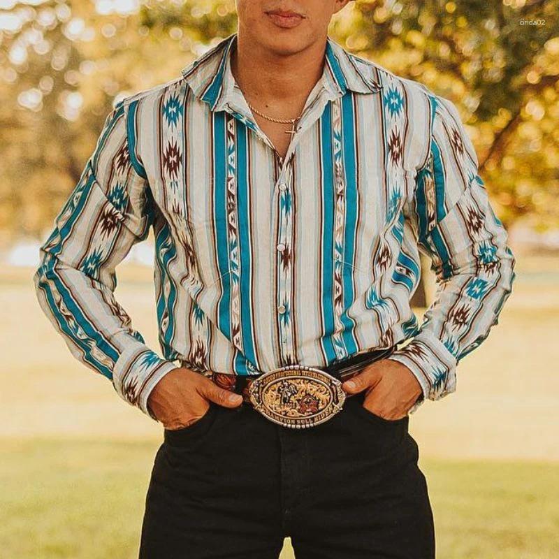 Men's Casual Shirts Summer Social Buttons Down Shirt Long Sleeve Western Cowboy Vintage Retro Printed Beach Clothing Mens B3
