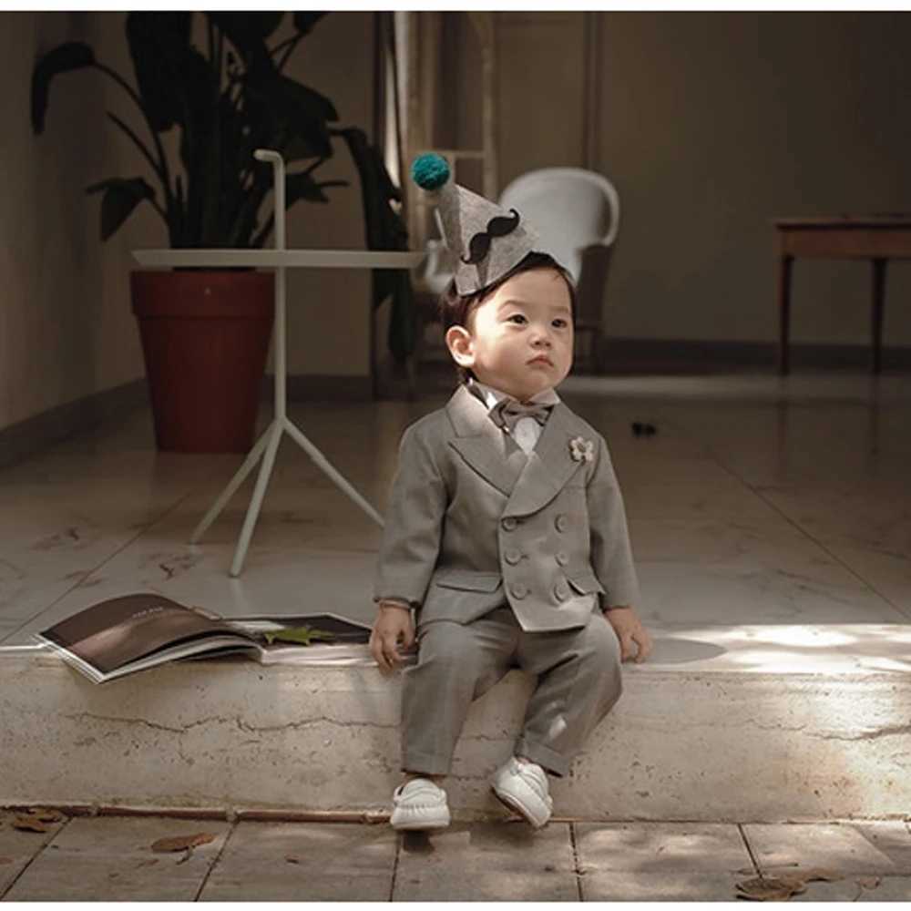Khaki boys set wedding evening dress childrens jacket set baby jacket 3-piece set 1-4 years old custom clothing birthday baptism dress W240823