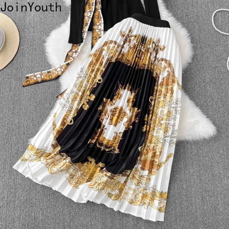 Temperament Outfits Korean Two Piece Sets Women Clothing Stand Neck Tunic Knitted Pullovers High Waist Floral Pleated Skirt Suit 240823