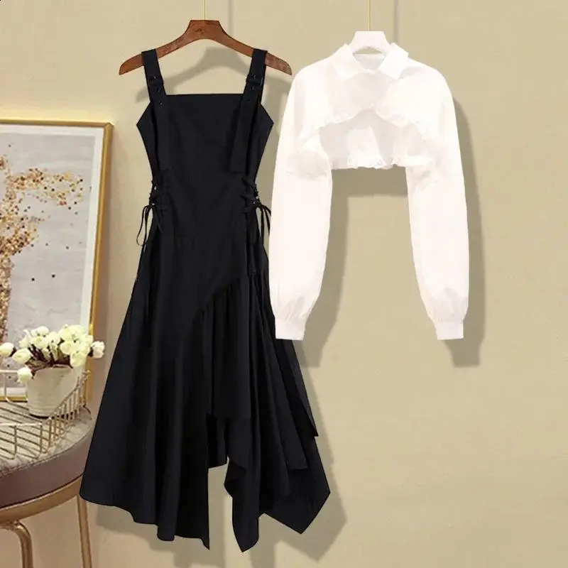 Senior Irregular Fashion Two Pieces Suits Long Sleeve White Shirt Dress Korean Fashion Elegant Set Female Casual Y2k Skirt Suit 240823