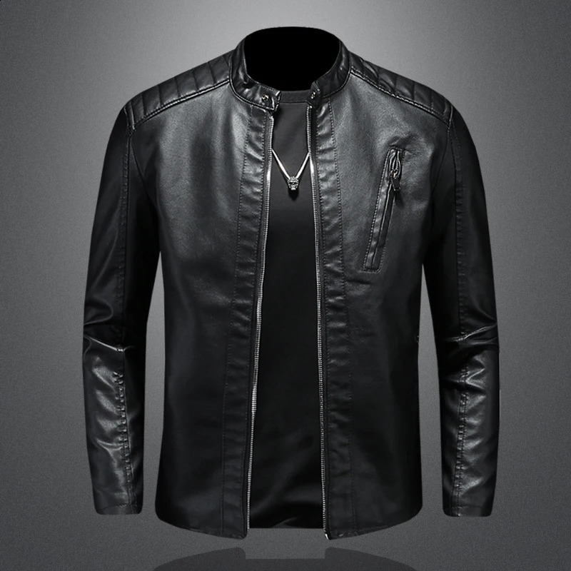 Mens motorcycle suit casual high-quality slim fit leather jacket diagonal zipper pocket stand up collar leather jacket 240822