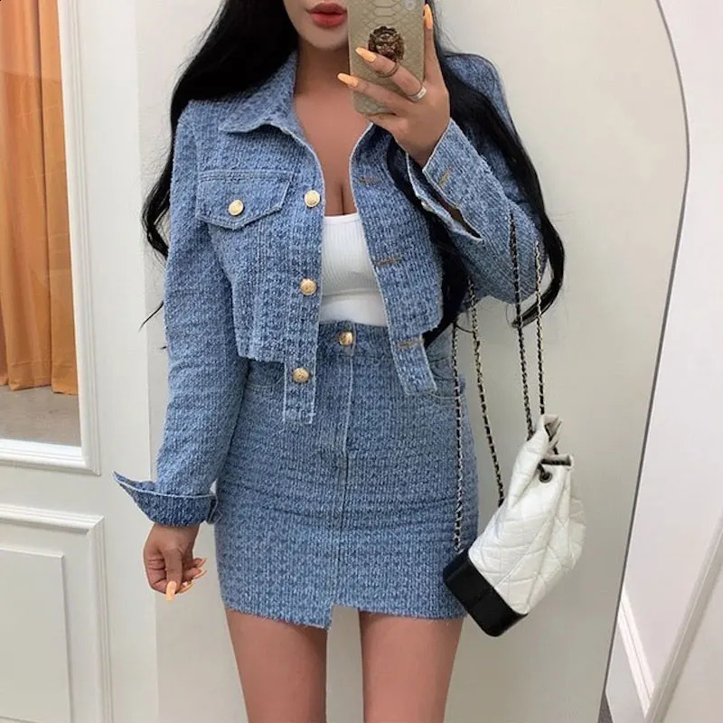 Cow Set Two-piece Suit Autumn Fashion Turndown Collar Blue Single-breasted Short Denim Shirt Top Solid Color Hip Skirt
