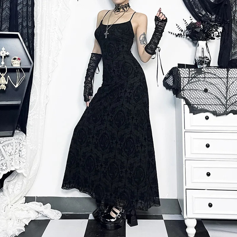 Goth Dark Cross Flocking Mall Gothic Aesthetic Dresses Grunge Punk Mesh Elegant Party Long Skirt Sling Slim Sexy Emo Alt Set 240823
