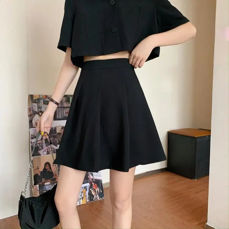 Summer Korean Fashion Suit Women Set College Style Black Short-sleeved Short Paragraph Top Skirt Two-piece Set Matching Sets 240823