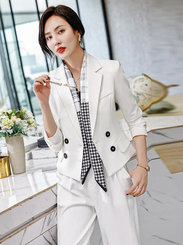 Autumn highquality office womens long pants set solid work clothes jacket and wide leg Trouser 2piece 240823