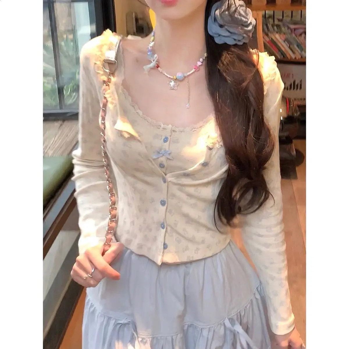 Casual Sweet Womens Set Spring Autumn Floral Lace Camisole Vestcardigan Small Shirtblue Skirt Three Pieces Set for Women 240823