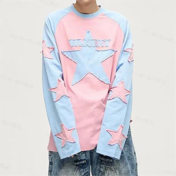 Harajuku Star Embroidered Long Sleeve T-shirt Y2K Set Womens Contrast Patch Long Sleeve College Casual Long Sleeve Mens Top 240823