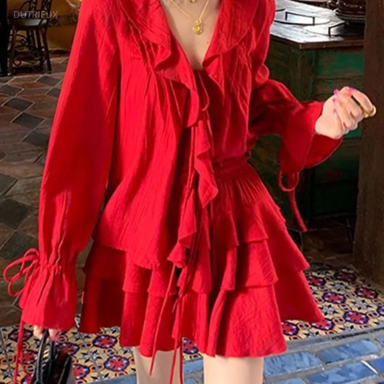 Elegant V-neck Ruffles Long Sleeve Tops Women Y2k E- High Waist Ruched A-line Skirts Spring Red Two Piece Sets 240823